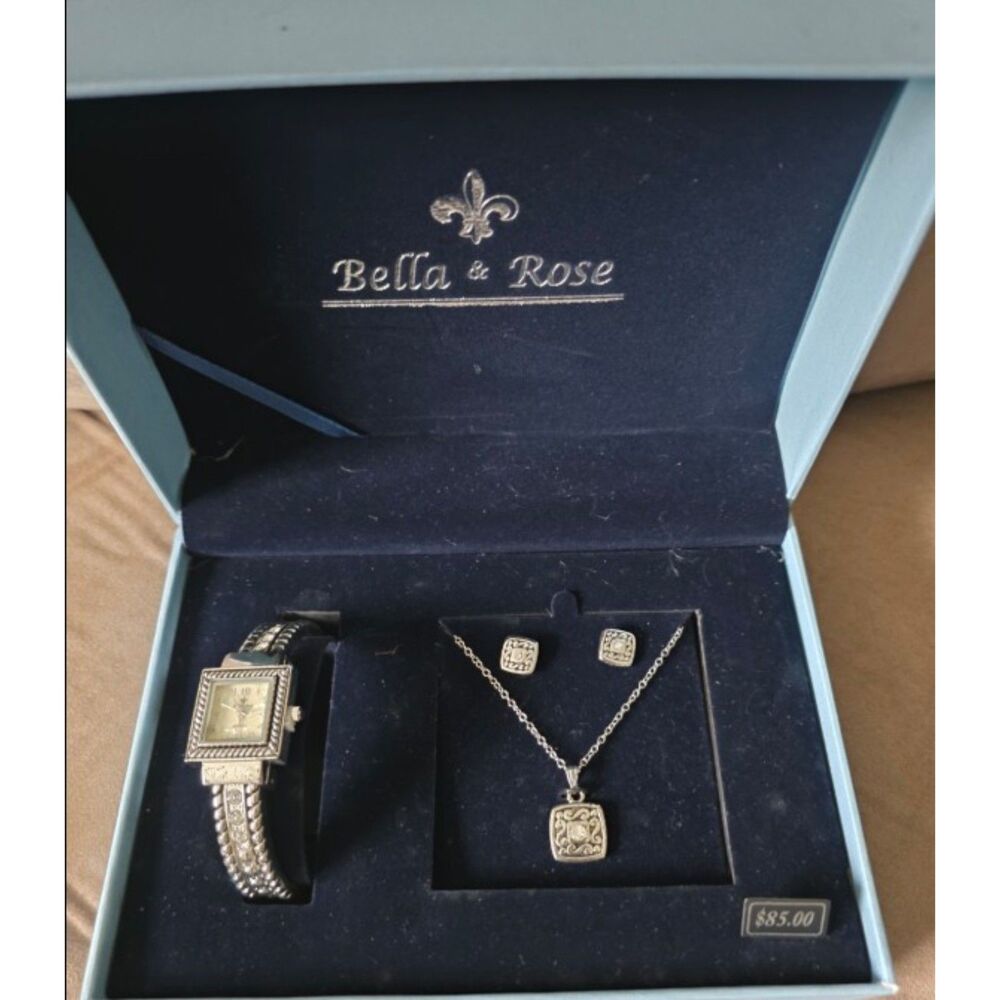 Bella & Rose 3 Pc Silver Tone Watch Necklace Earrings Gift Set